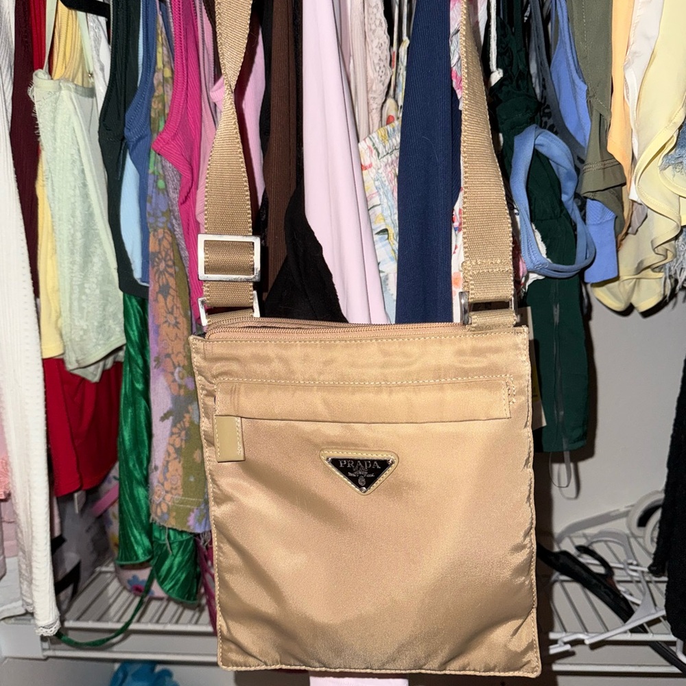 Prada Tan Messenger Bag with Adjustable Strap and Minimalist Design